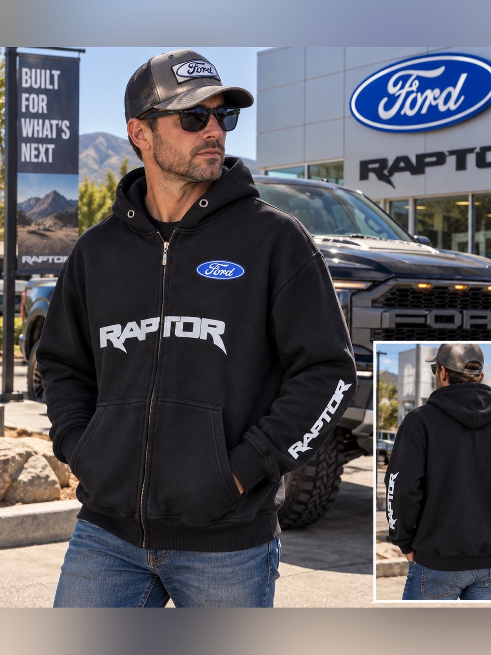 Ford Raptor Black Full Zip Hoodie Men’s Large Logo Graphic Sleeve